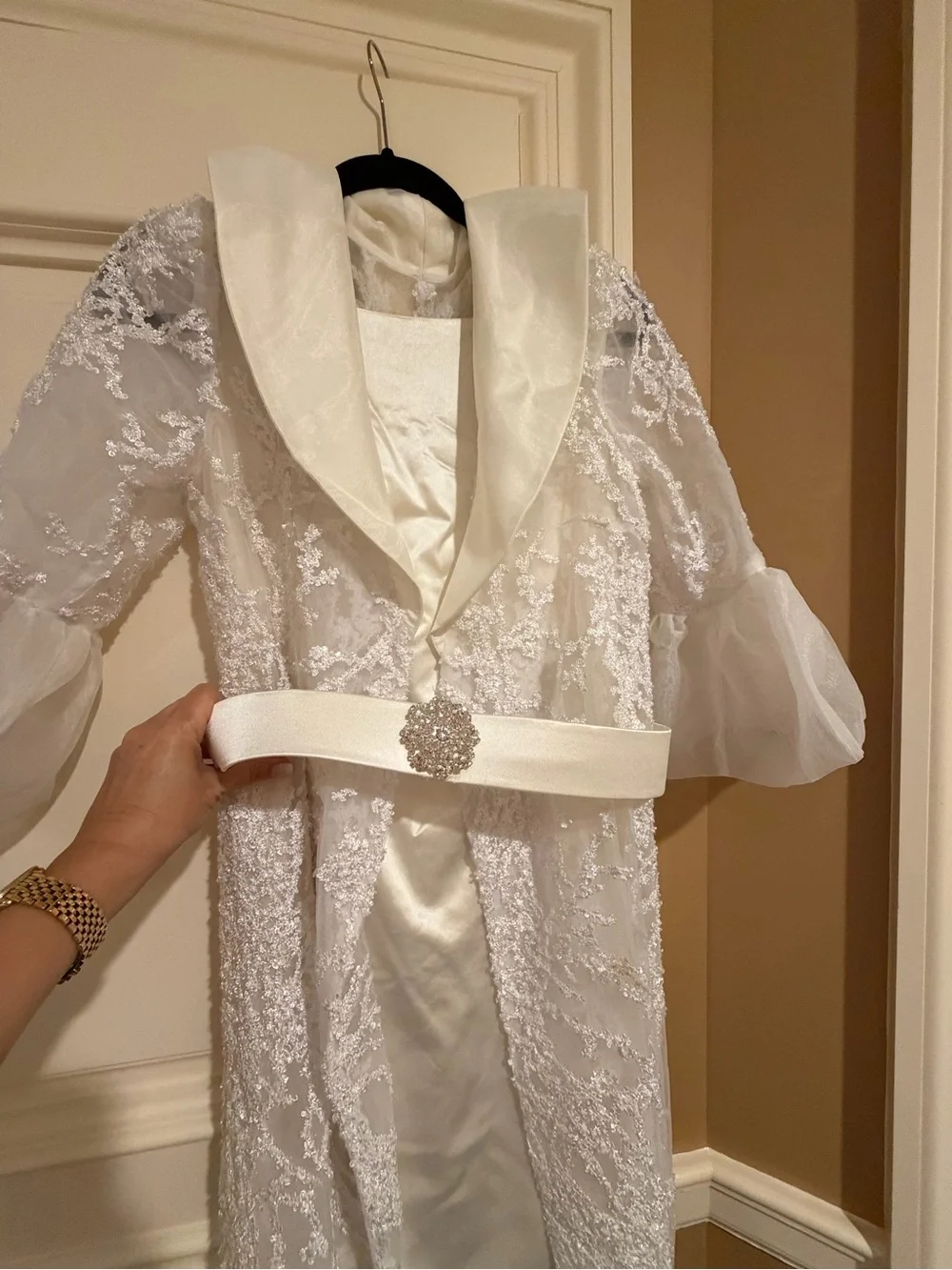Girls White Beaded Lace Coat with Satin Belt